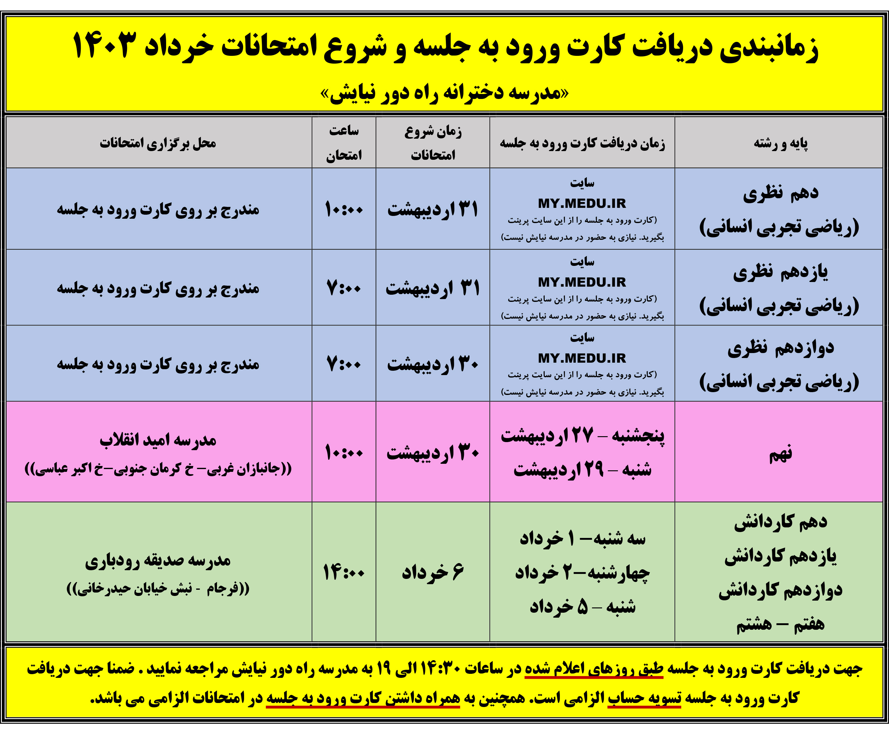 زمانبندی دریافت کارت ورود به جلسه و شروع امتحانات خرداد 1403